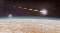 an illustration of a spacecraft taking on the look of a bright fireball as it falls to its demise into a large gas planet.
