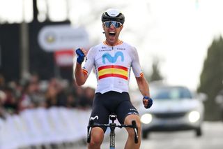 UBEDA SPAIN FEBRUARY 12 EDITORS NOTE Alternate crop Oier Lazkano Lopez of Spain and Movistar Team celebrates at finish line as race winner during the 3rd Clasica Jaen Paraiso Interior 2024 a 1583km one day race from Baeza to Ubeda on February 12 2024 in Ubeda Spain Photo by Tim de WaeleGetty Images