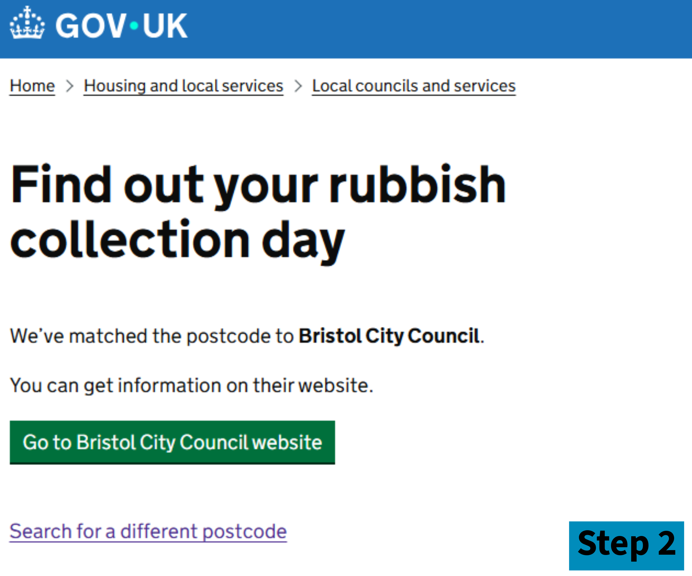 Screenshot of gov website to find out rubbish day