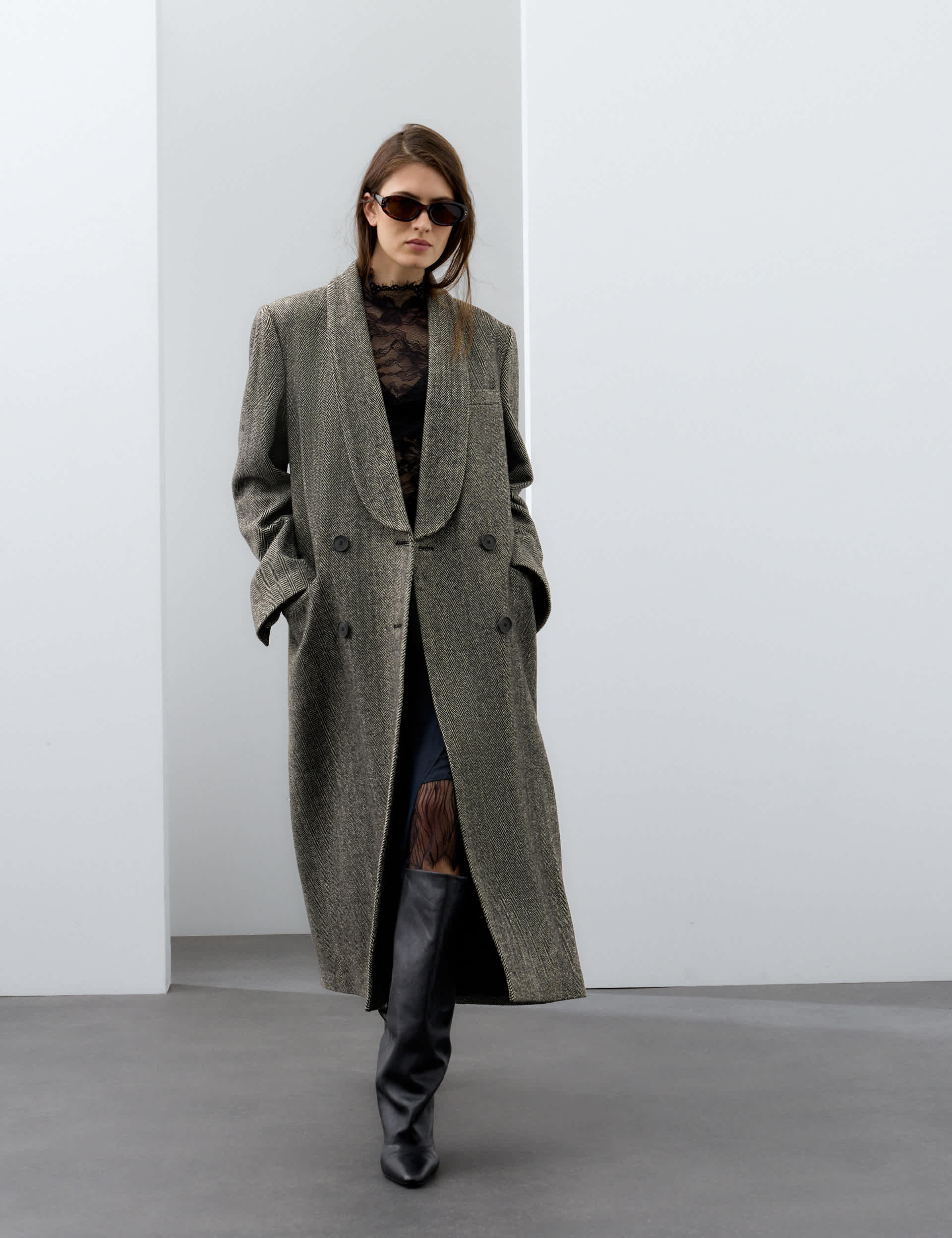 Wool Blend Herringbone Longline Tailored Coat