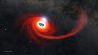 A black hole devouring a dead star experiences a "corona" of plasma in this tidal disruption event illustration.