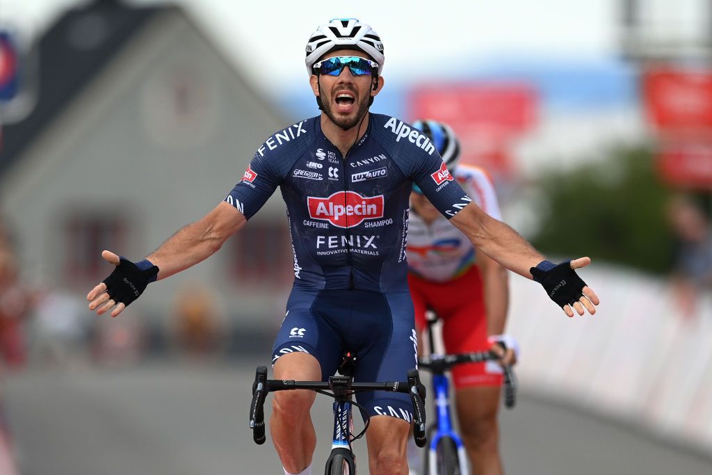 HARSTAD NORWAY AUGUST 08 Philipp Walsleben of Germany and Team AlpecinFenix celebrates at finish line as stage winner during the 8th Arctic Race Of Norway 2021 Stage 4 a 1635km stage from Gratangen to Harstad 54m ArcticRace on August 08 2021 in Harstad Norway Photo by Stuart FranklinGetty Images