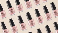 Product shots of the OPI Nail Lacquer in shade Dulce de Leche (a warm, creamy brown), arranged in a consecutive, diagonal line pattern across a cream template