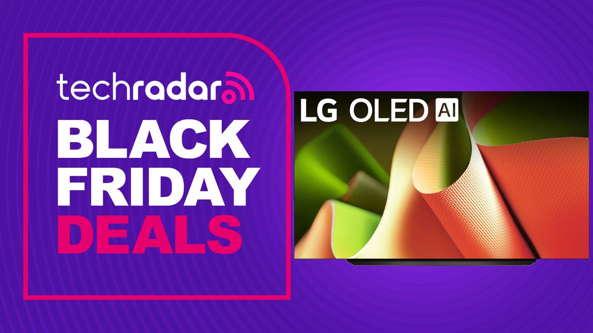 Black Friday 85-inch TV deals header with LG B4 on purple background 