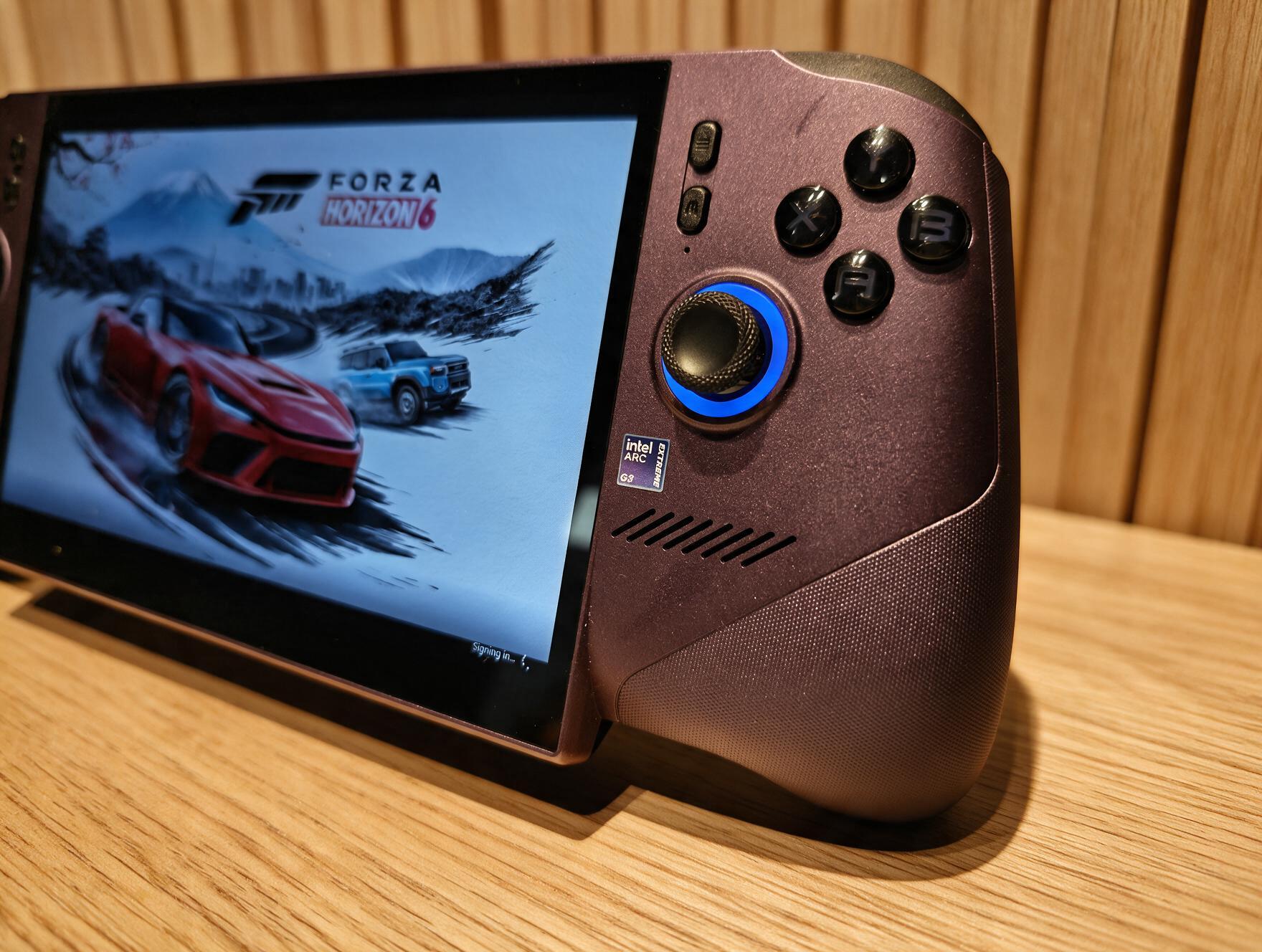 MSI Claw 8 EX AI+ &amp;ndash; a purple gaming handheld with a large screen shows a handheld console displaying a red racing car