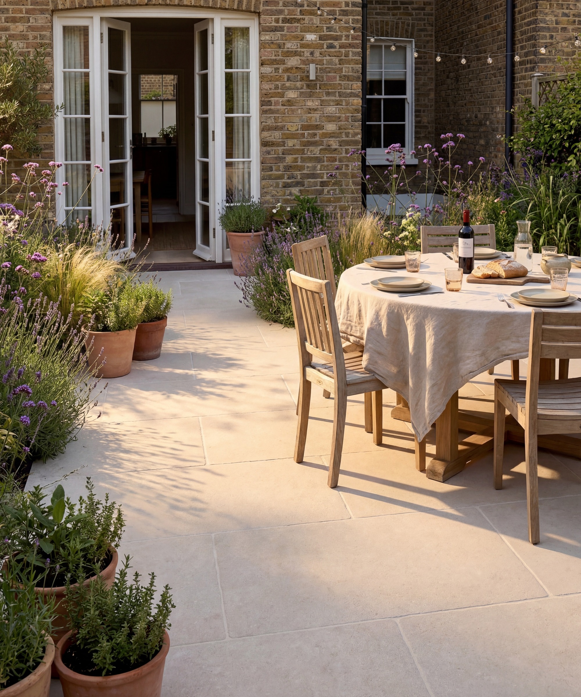 Patio with beige Dijon washed paving, a dining area and groups of pot plants