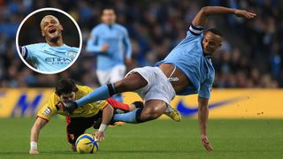 Fernando Forestieri of Watford is tackled by Vincent Kompany of Manchester City during the FA Cup with Budweiser Third Round match between Manchester City and Watford at The Etihad Stadium on January 5, 2013 in Manchester, England. (Photo by Richard Heathcote/Getty Images)