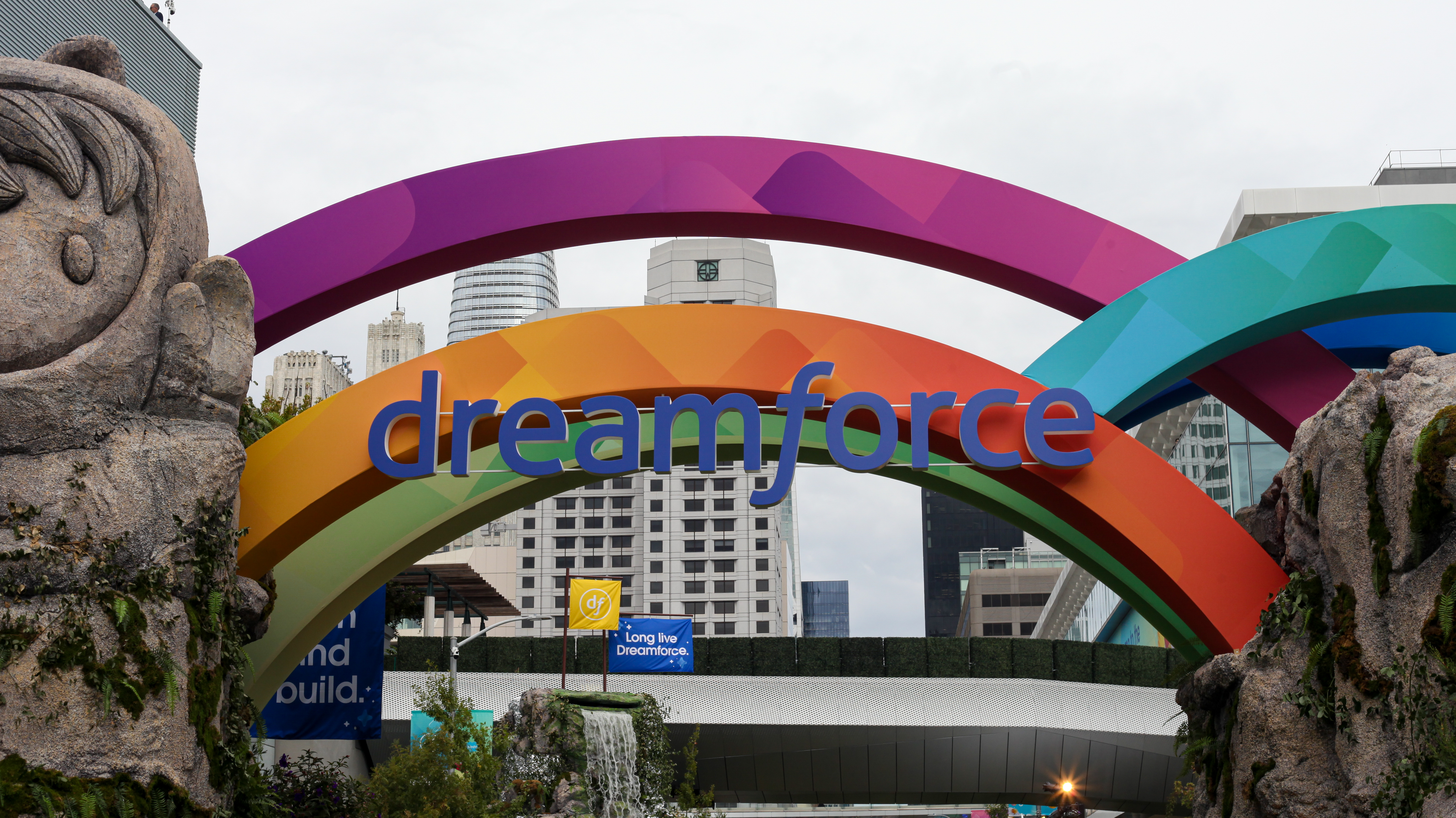 The word 'dreamforce' on a colorful arch at the entrance to Salesforce Dreamforce 2025, in San Francisco.