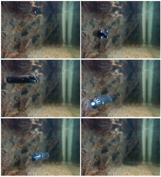 Movie sequence of a miniature submarine exploring under the ice.