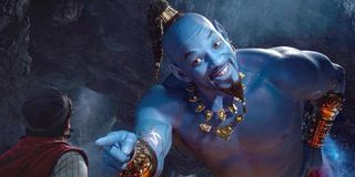 Aladdin 2019 Will Smith blue genie points to Aladdin