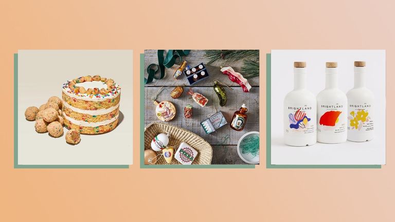 Three of the best Christmas food gifts 2021 from Milk Bar, Food52, and Brightland shown side-by-side