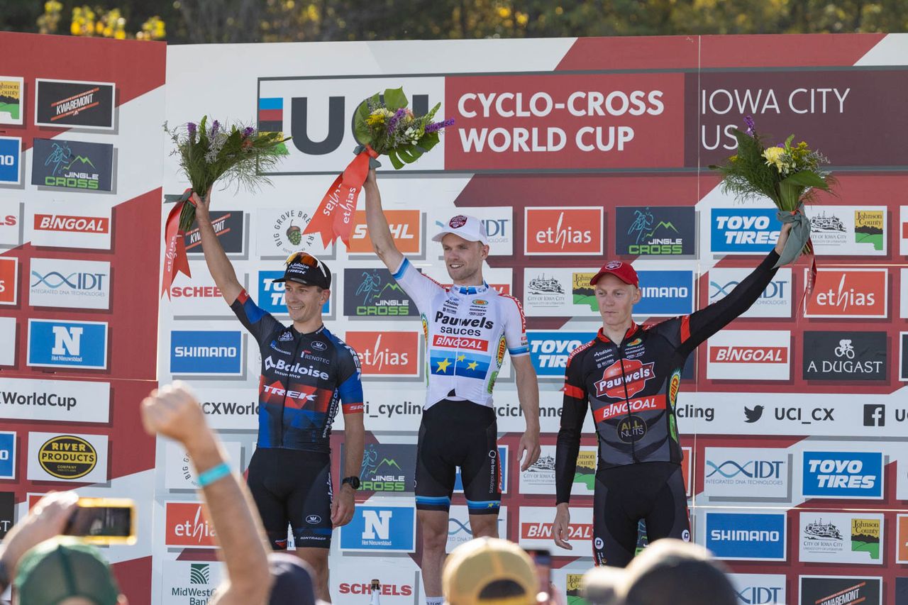 Elite Men's podium for World Cup Iowa City, win by Eli Iserbyt