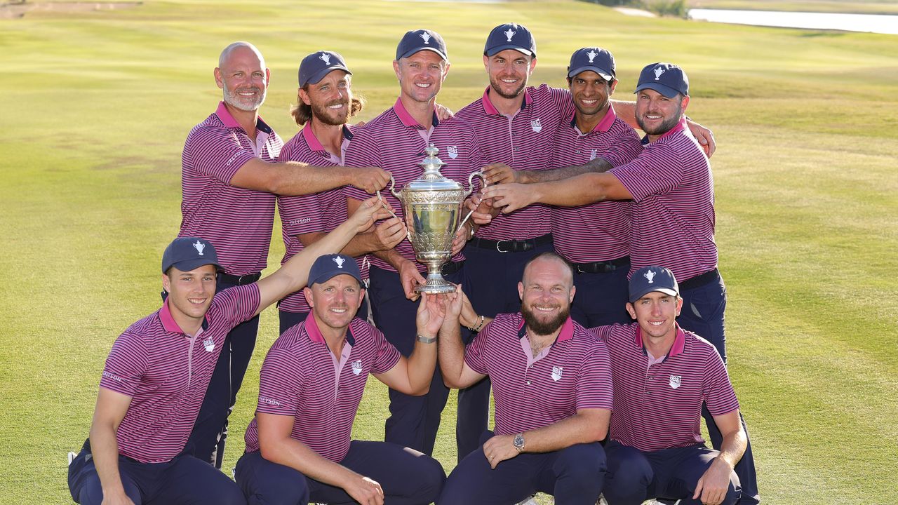 GB&amp;I pose alongside the Team Cup after winning 17-8 in 2025