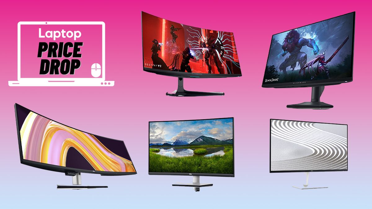 Dell and Alienware monitors on a pink to white gradient background