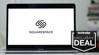 The logo of Squarespace, an American website design and web hosting company, is visible on a laptop screen in New York