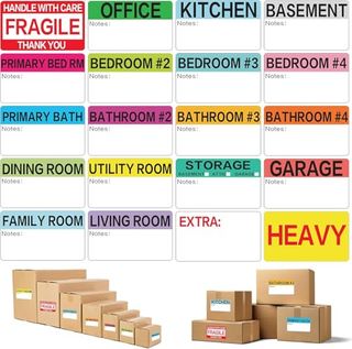 20 colorful Moving Labels (3” X 2”) with room names on such as garage bathroom etc with Writable Note space below