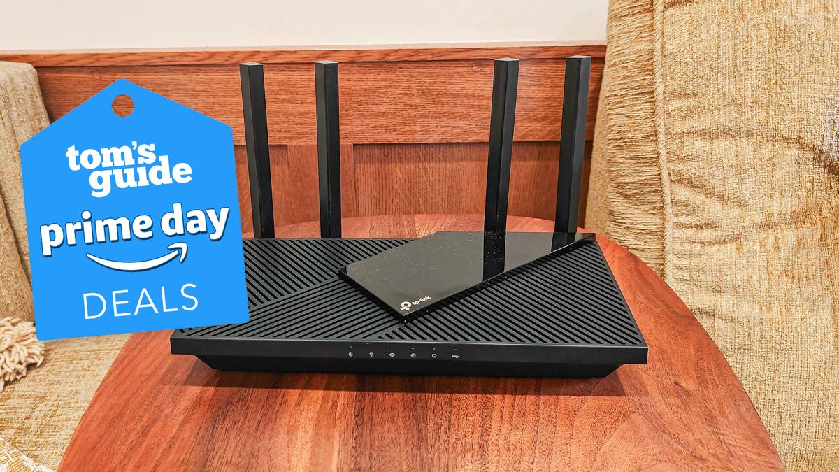 A TP-Link Archer AX55 router with a Tom&#039;s Guide Prime Day badge