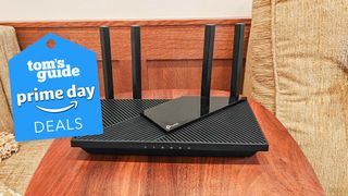 A TP-Link Archer AX55 router with a Tom&#039;s Guide Prime Day badge