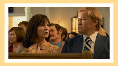 Lily Rabe, Jesse Plemons as betty and allan gore in church in love & death on hbo max