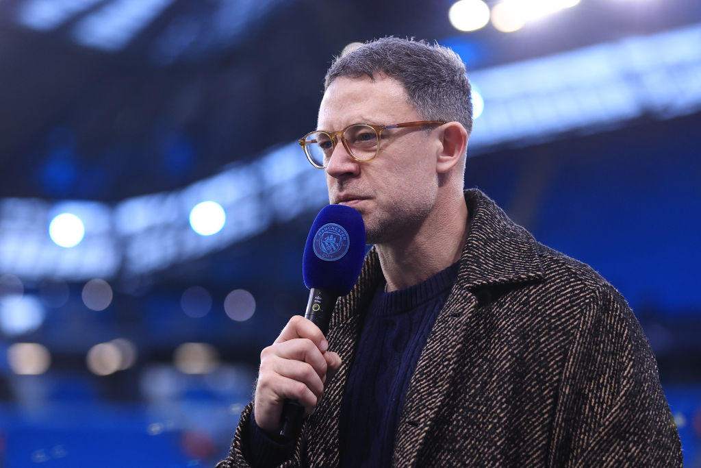 MANCHESTER, ENGLAND - JANUARY 25: Wayne Bridge speaks into a microphone before the Premier League match between Manchester City FC and Chelsea FC at Etihad Stadium on January 25, 2025 in Manchester, England. (Photo by Simon Stacpoole/Offside/Offside via Getty Images)