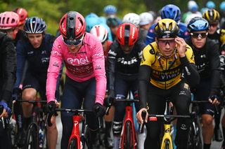 VIAREGGIO ITALY MAY 16 LR Geraint Thomas of The United Kingdom and Team INEOS Grenadiers Pink Leader Jersey and Primo Rogli of Slovenia and Team JumboVisma competes during the 106th Giro dItalia 2023 Stage 10 a 196km stage from Scandiano to Viareggio UCIWT on May 16 2023 in Viareggio Italy Photo by Tim de WaeleGetty Images