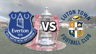 Everton and Luton Town football club logos over an image of the FA Cup Trophy