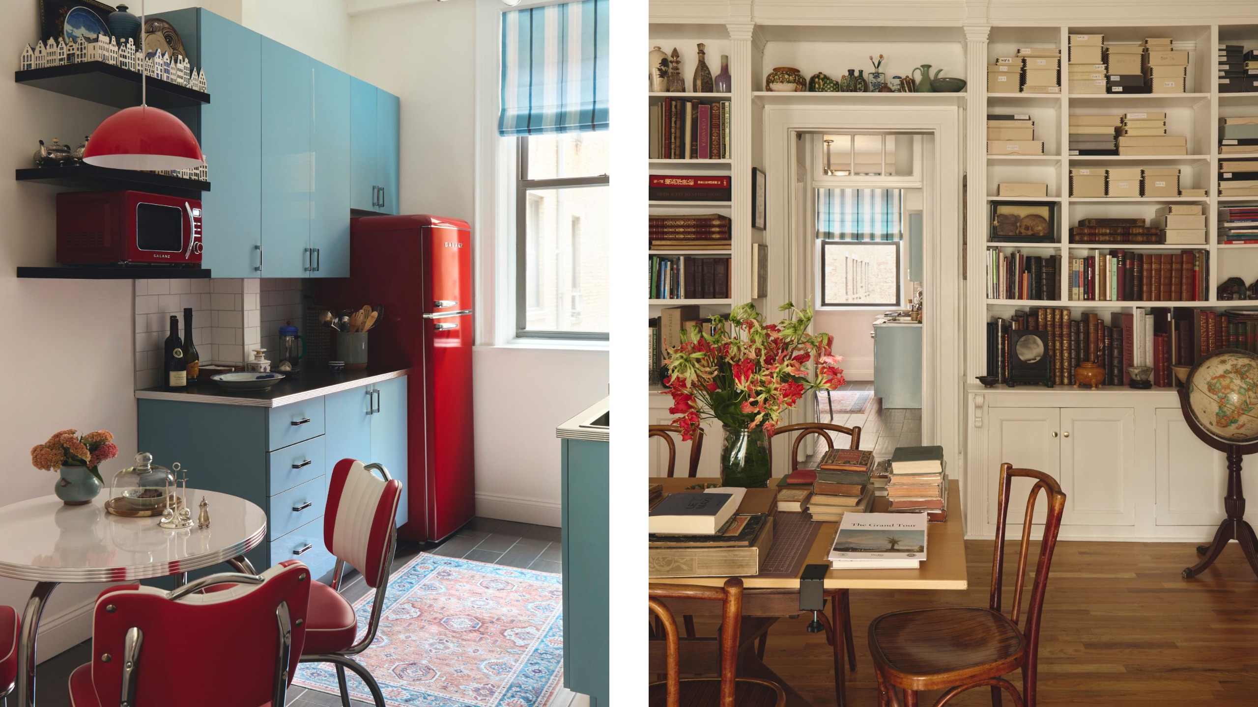 Side-by-side view of a bright retro kitchen with light blue cabinets and a red fridge, next to a dining table stacked with books beside tall white shelves.