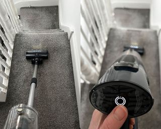Vacuuming gray carpeted stairs with Ultenic FS1 toggling between speed settings