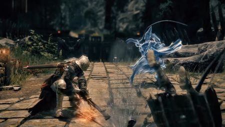 A player knocking an enemy off their feat during a fight in the real-time combat RPG Elden Ring. 