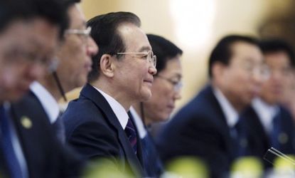 Chinese Premier Wen Jiabao talks with European Union leaders in Beijing on Tuesday: Europe hopes China will use some of its $3.2 trillion in foreign exchange reserves to bail out the struggli