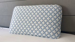 The Helix Cooling Memory Foam Pillow resting against the bed frame in our reviewer's bedroom