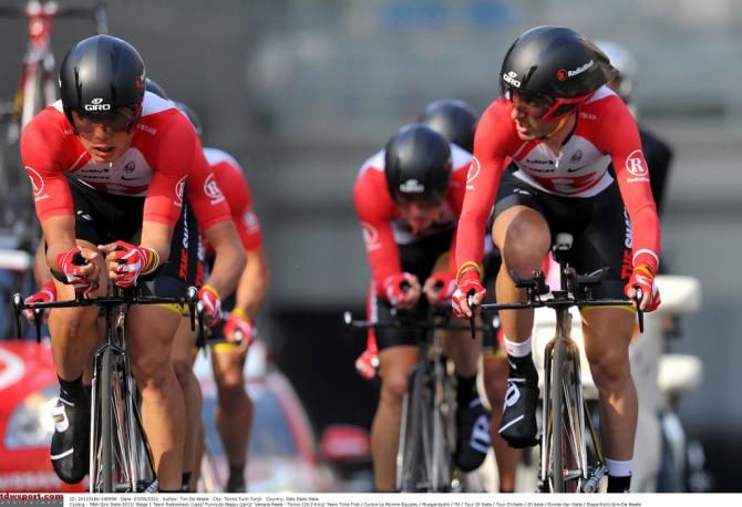 RadioShack cross the line on stage one of the 2011 Giro