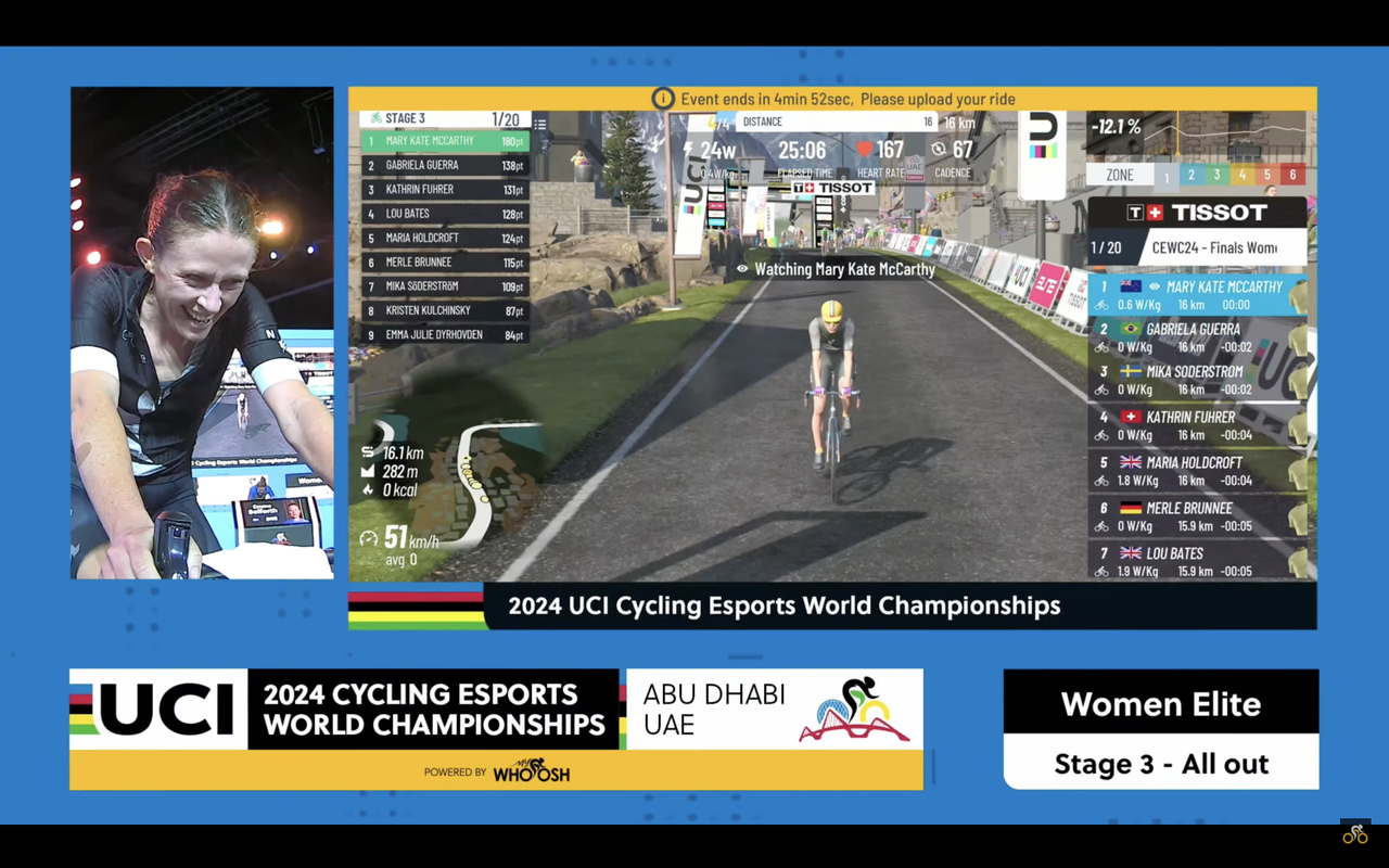 New Zealand's Kate McCarthy is the women's 2024 UCI Cycling Esports World Champion