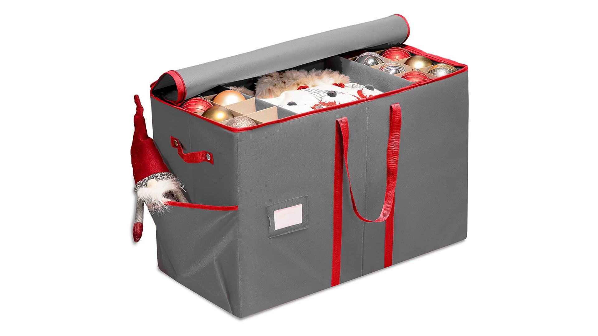 A gray unzipped Christmas ornament storage box lined in red, for the best ornament storage containers.