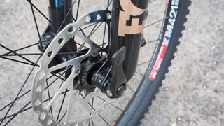Close up of the thu axle system on a Fox 34 fork