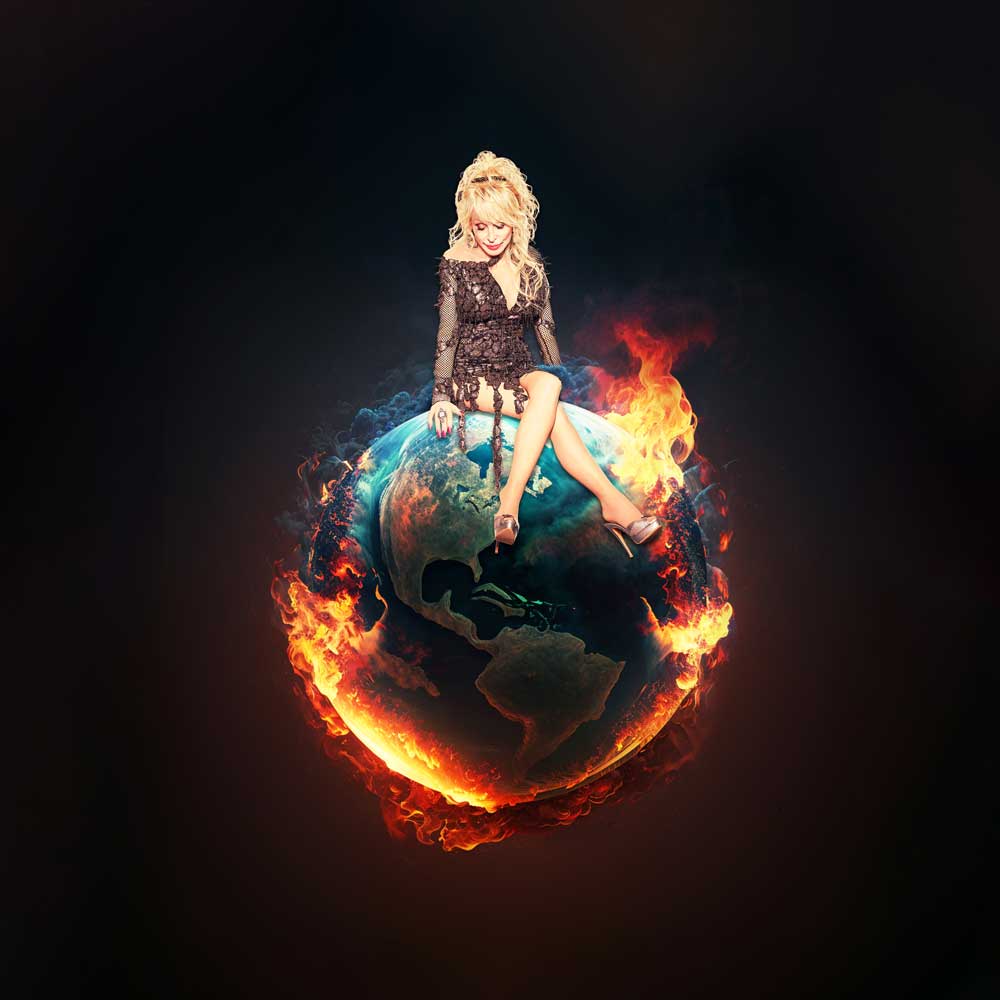 Dolly Parton sitting on a fiery globe
