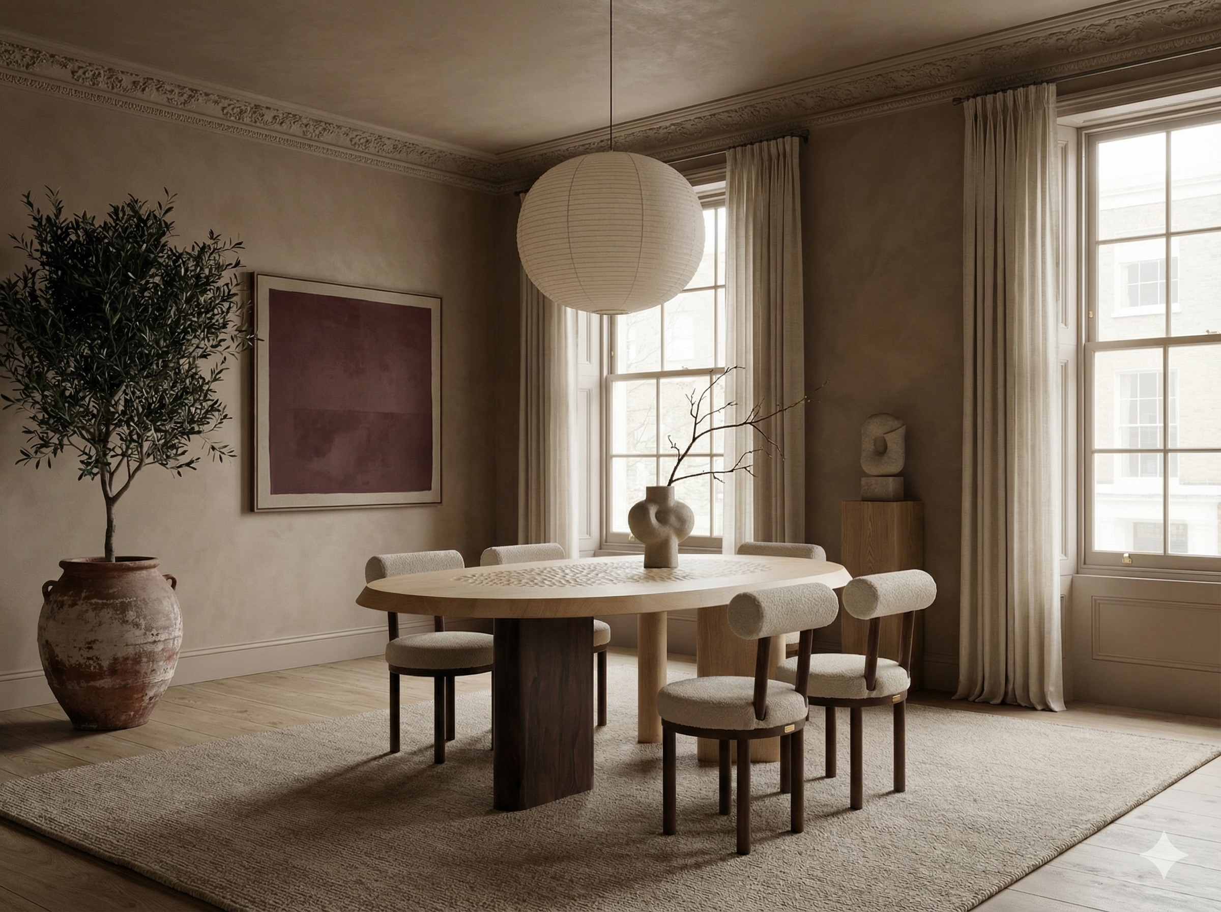 an ai scandi style dining room with limewash walls and wabi sabi furniture