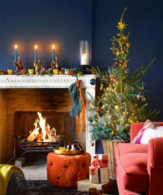 Christmas tree by fireplace