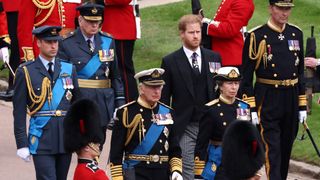 King Charles III, Princess Anne, Princess Royal, Prince William, Prince of Wales, and Prince Harry, Duke of Sussex on the day of the Queen's funeral