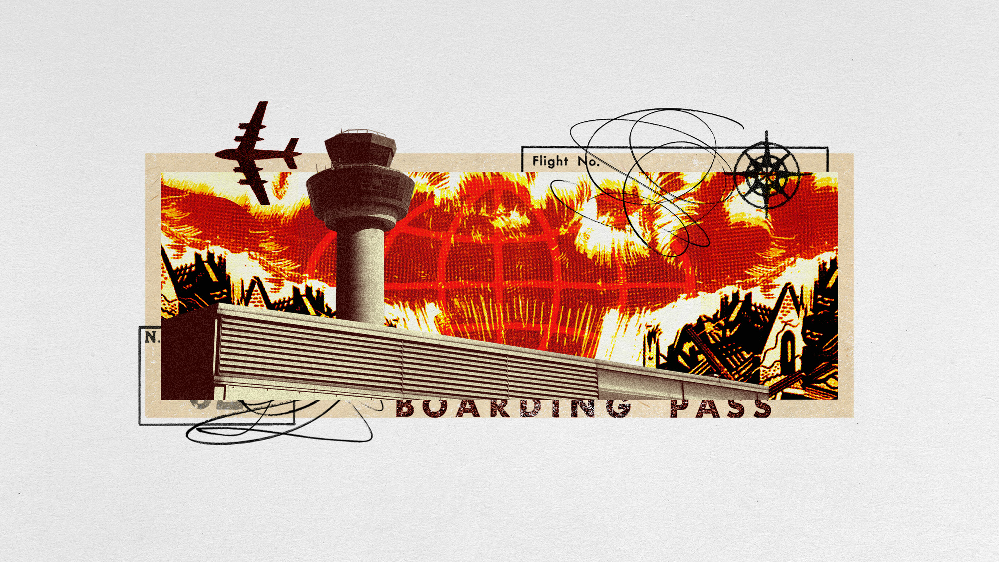 Photo collage of an air traffic control tower on a background of an explosion, with vintage air travel related symbols around.