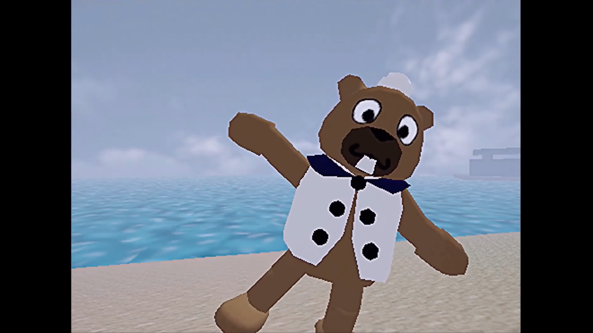Mascot Beaver waves at the camera in a screenshot from Shipwrecked 64