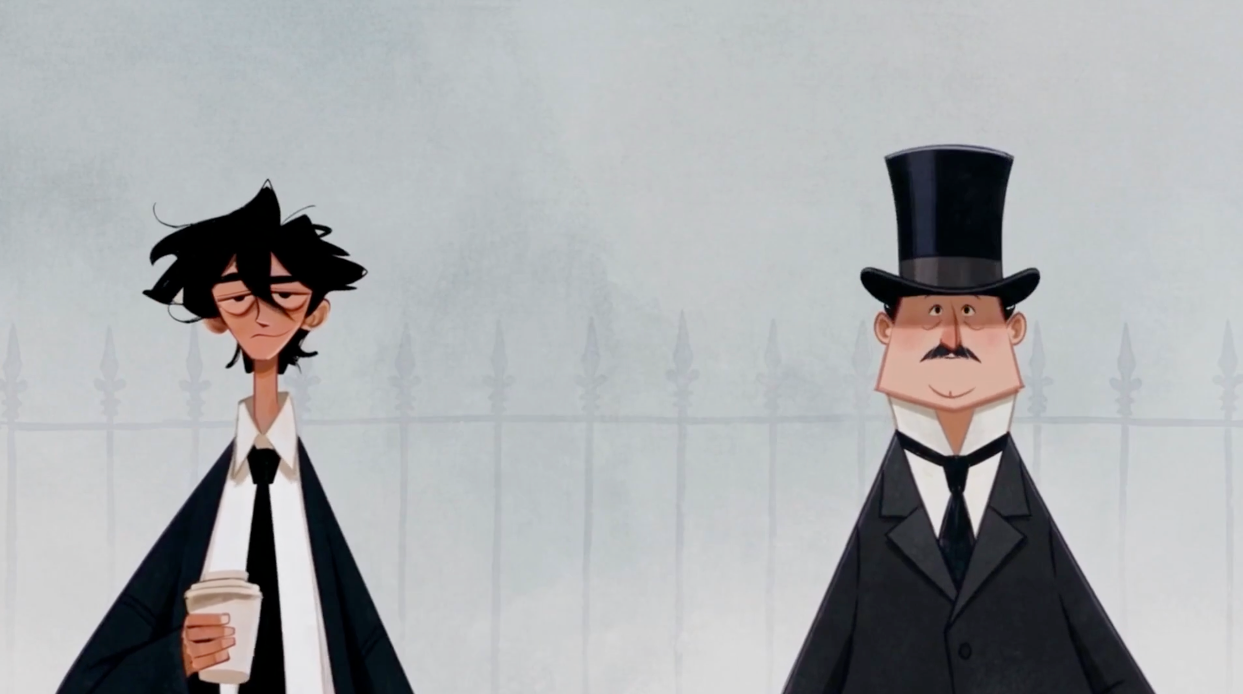 AI animation by Antrofrog via X, featuring two men in suits, one wearing a top hat