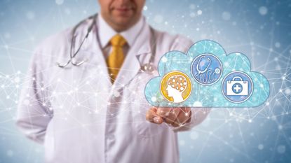 Doctor with an image of a cloud in front of him