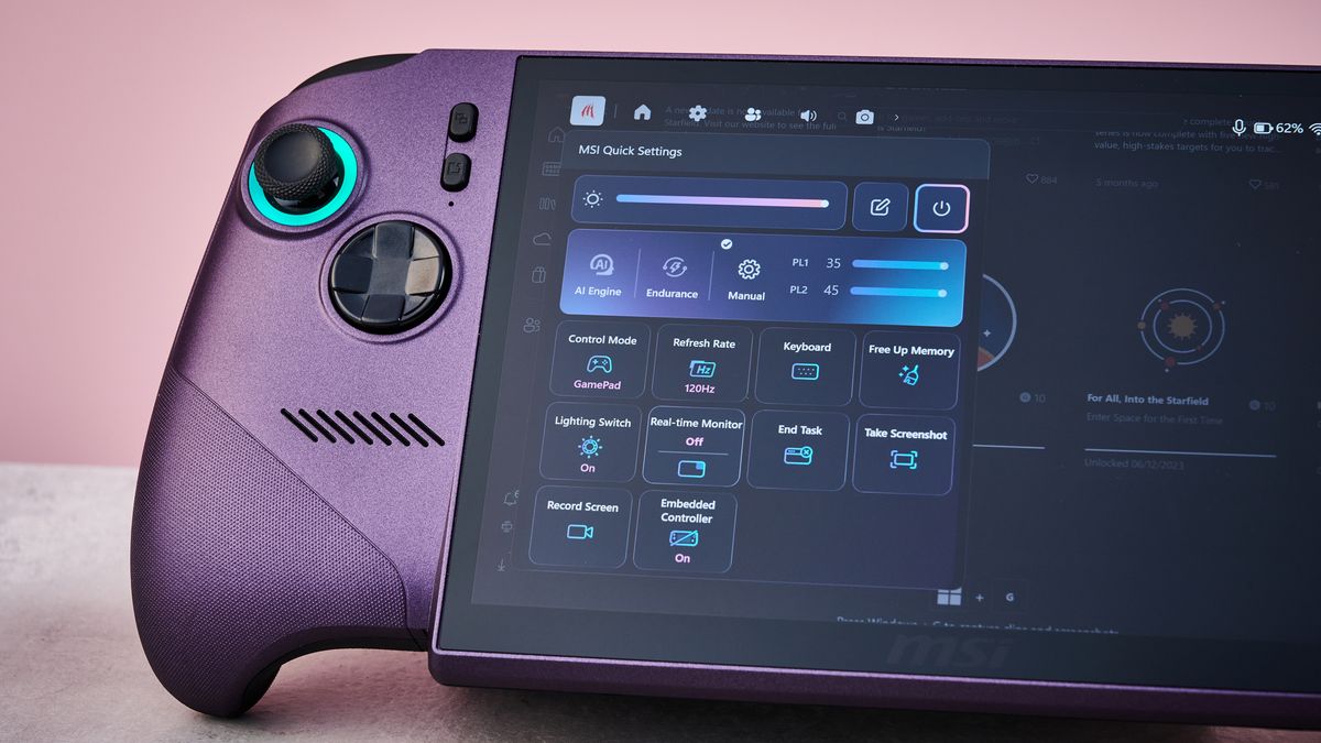 A closeup of the MSI Claw 8 EX AI+, showing its left thumbstick, D-pad, View button and Quick Setting button and its MSI Quick settings menu on screen.