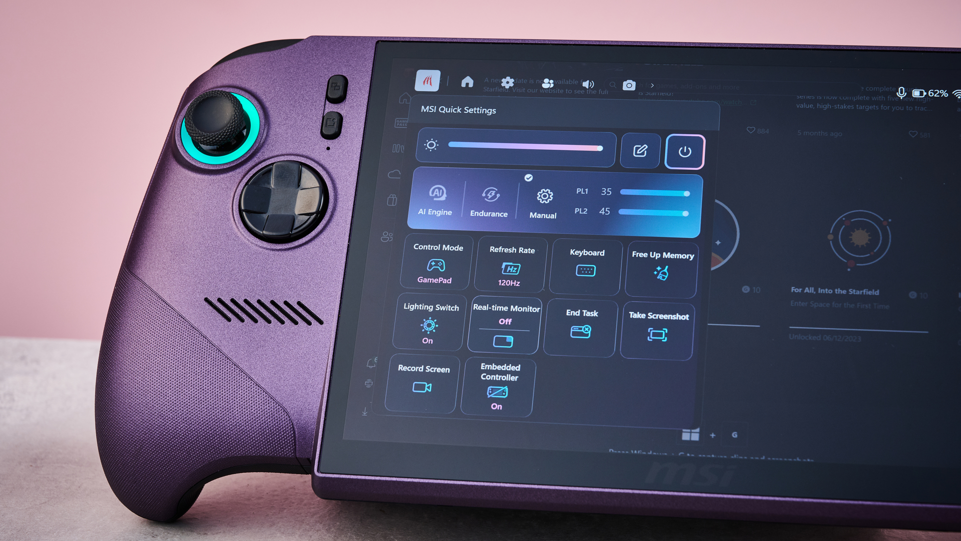 A closeup of the MSI Claw 8 EX AI+, showing its left thumbstick, D-pad, View button and Quick Setting button and its MSI Quick settings menu on screen.