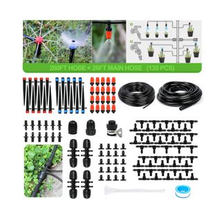 hoses, pipes, and attachments that make up the MIXC Auto Drip Irrigation Kit on a white background