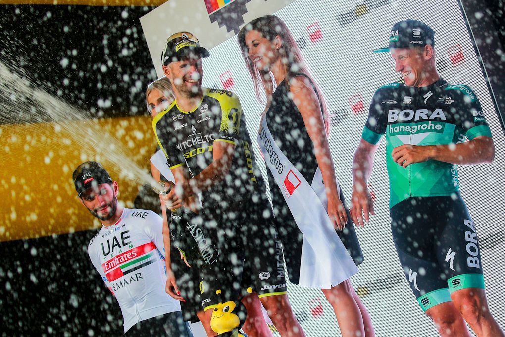Luka Mezgec on the stage 2 podium at Tour de Pologne