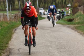 Ineos Grenadiers' Norwegian rider Tobias Svendsen Foss (L) and Groupama-FDJ's French rider Thibaud Gruel cycle in a breakaway during the 5th stage of the Paris-Nice cycling race, 203,3 km between Saint-Just-en-Chevalet and La CÃ´te-Saint-AndrÃ©, on March 13, 2025. (Photo by Anne-Christine POUJOULAT / AFP)