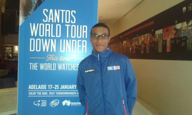 Lorrenzo Manzin in the lobby of the Hilton Hotel at the 2015 Tour Down Under