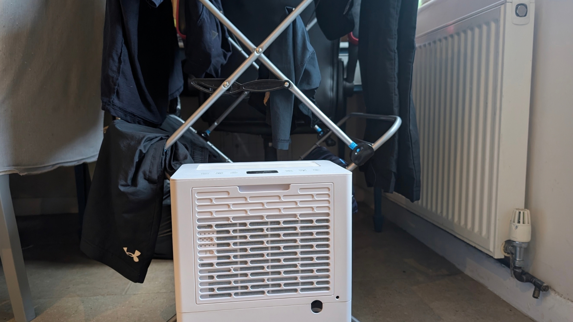 The Vonhaus 10L Slimline Dehumidifier in Liz's home being tested